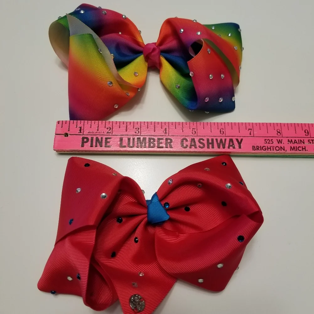 Jojo Siwa Lot of 3 Rhinestoned Bows Red Rainbow & Pink